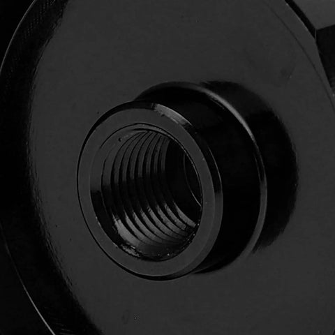 Close-up of the black Beefy Aluminum Front Fork Cover With Suspension Cap And Air Chamber Shield for bikes, showing threaded interior.