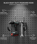 Heavy Duty Carbon Steel Pegboard Hooks For Garage Organization And Workshop Setup, Matte Black Tool Hangers With Drill and Wrench