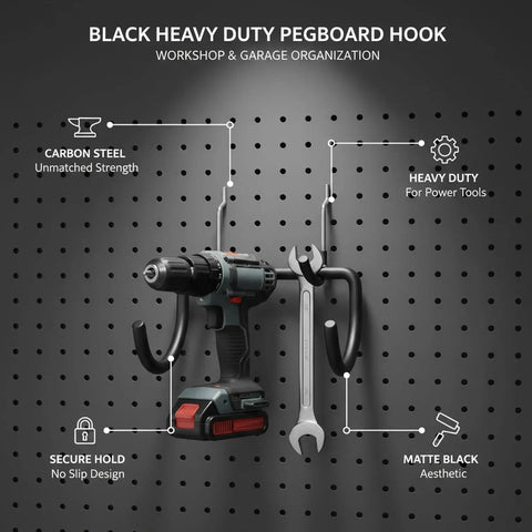 Heavy Duty Carbon Steel Pegboard Hooks For Garage Organization And Workshop Setup, Matte Black Tool Hangers With Drill and Wrench