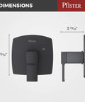Front and side view dimensions of Single Handle Shower Valve Trim With Hot And Cold Indicator, Matte Black Finish