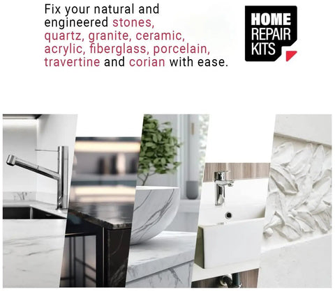Clear DIY Chip Repair Kit for granite, marble, quartz, porcelain, and countertops showing fixing various surfaces in minutes.