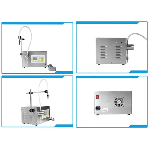 Semi Automatic Liquid Filling Machine With Stainless Steel Peristaltic Pump And Digital LCD Screen, side and rear views, compact design for bottles.