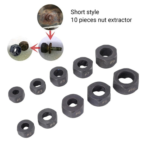 10 Piece Nut Extractor Set For Impact Tools 9mm To 19mm Short Nut Remover Sockets Kit For Cars Bikes And Home Repairs Great For Tough Nuts And Damaged Bolts With Strong Grabbing Power And Easy Access, showing 10 sockets with labeled sizes and example usage.