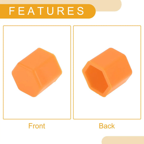 Front and back view of 20 Pcs Wheel Lug Nut Caps And Dust Covers Silicone Orange 2.2x17x20mm Protective Screw Caps for Rims and Tire Nuts