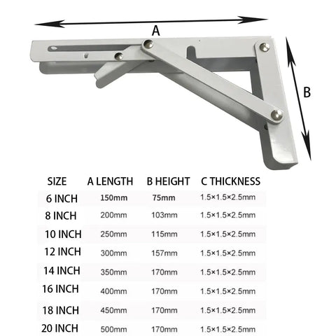 Rock Solid White Folding Shelf Brackets Built Like A Truck Wall Mounted Supports For Tables And Workbenches Saves Real Estate Heavy Duty Steel product with size details.