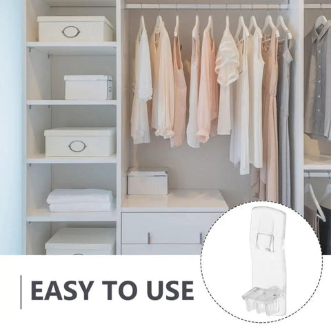 50 Pack Self Locking Shelf Pegs For Cabinets And Shelves, White Plastic Pins providing support in a closet with easy installation.