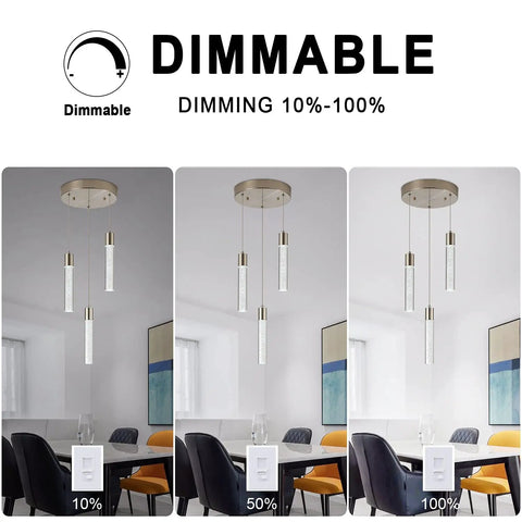 Three Light Pendant Fixture In Sleek Silver Finish showcasing dimmable integrated pendant lights for kitchen island and dining room.
