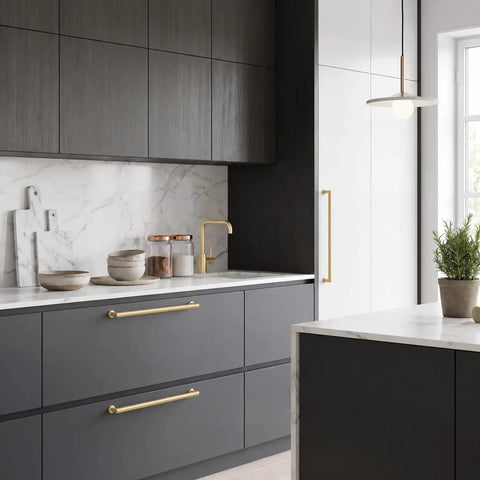 2 Pack Of 6 Inch Matte Gold Cabinet Pulls With Brushed Satin Finish For Kitchen Cabinets And Bathroom Drawers on modern gray cabinetry.