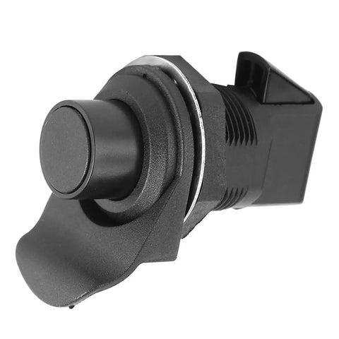 Five Piece Push Button Boat Door Latch Set, Black Plastic Glove Box Release Lock, Spring Pop Button Mechanism, angled view