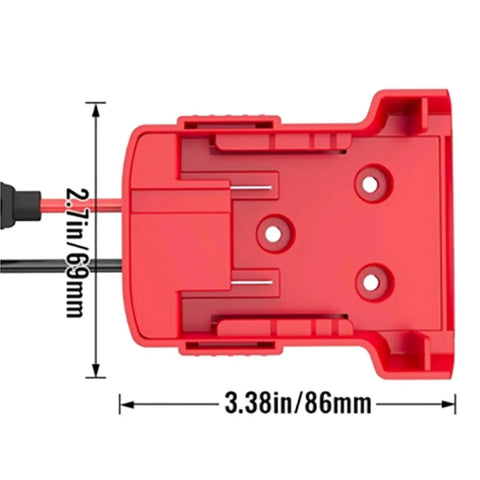 18V Battery Conversion Adapter For Electric Toy Cars With 12AWG Wiring Harness And Three 40A Fuses High Power, red base dimensions shown