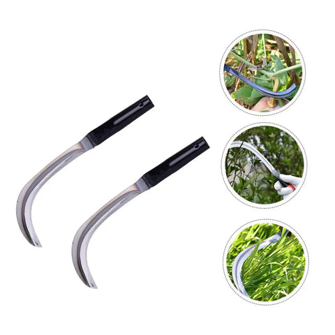 Two-Piece Rustproof Weeding Hook Tool Set For Mowing Cultivation And Harvesting with visible use in gardening context
