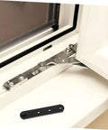 Installed stainless steel hidden hinge on white window frame; 4-piece heavy-duty door/window hardware set