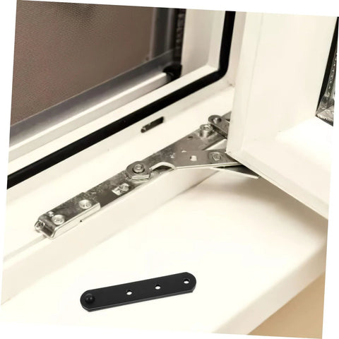 Installed stainless steel hidden hinge on white window frame; 4-piece heavy-duty door/window hardware set