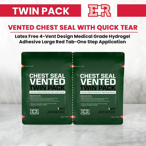 ER Ever Ready First Aid vented chest seal twin pack; two green 6.6-inch square occlusive dressings.
