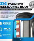 Close-up of 304 stainless steel barrel body, highlighting rust-proof and high-temperature resistant features.