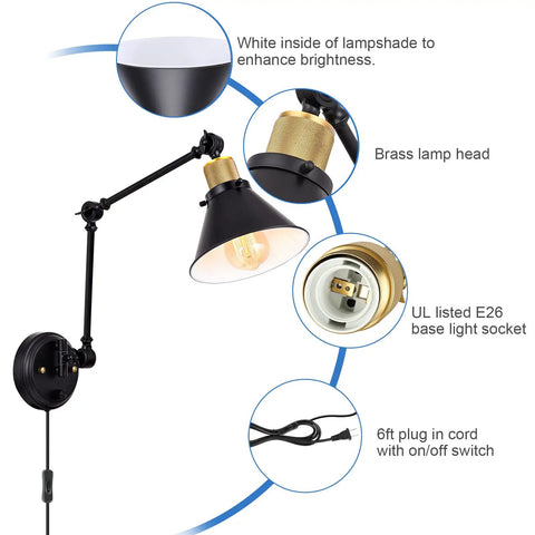Slick Plug In Wall Sconce With Hella Smooth Dimmer Control And Flexible Swing Arm Featuring E26 Socket Ul Certified 6 Foot Cord with brass lamp head.