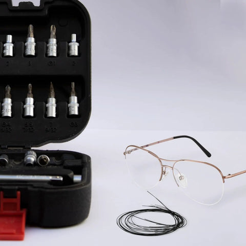 Replaceable Eyeglass Repair Thread Kit for Half-Frame Glasses, Quick Fix Tool with durable nylon thread and eyeglasses visible.