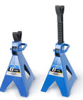 Pair of blue 6-ton heavy-duty steel jack stands with adjustable-height saddles, front view.