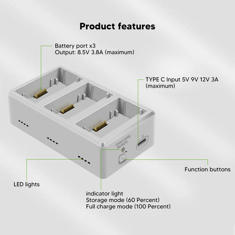 Three Port Drone Charging Station For Mini 3 Pro On The Go Fast PD Battery Hub showing 3 battery slots and LED lights