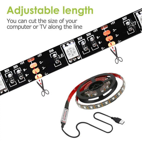Setup Friendly USB TV Backlight Kit For 40 To 60 Inch HDTV With Remote, 6.56 Ft LED Strip showing adjustable length feature and USB cable