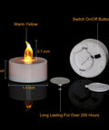 Battery Operated LED Tea Lights Set Of 100 Flameless Tealights With Warm Yellow Glow For Weddings Parties And Home Decor No Fuss Setup 200 Plus Hours Runtime Easy On Off Switch showing single tealight dimensions and components
