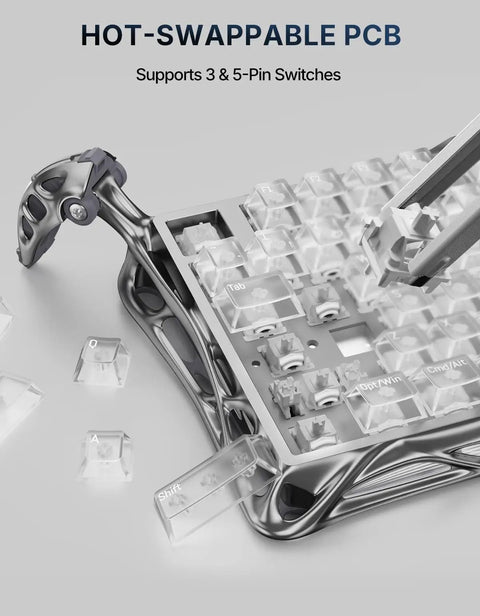 75 Percent Compact Wireless Mechanical Gaming Keyboard Featuring Hot Swap Switches with transparent keycaps and aluminum frame.