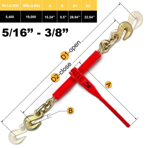 Image of Two Pack 5/16 To 3/8 Inch Ratchet Load Binders And 5/16 Inch G70 Transport Chains With Grappling Hooks showing specifications.