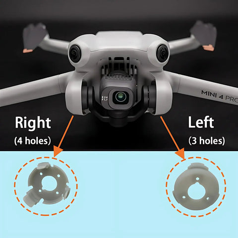 Close-up of DJI Mini 4 Pro drone with Replacement Rubber Gimbal Shock Absorbers showing right (4 holes) and left (3 holes) vibration dampers.