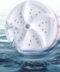 Portable Mini Washing Machine With Real Ultrasonic Power Foldable 3 In 1 Compact Setup For Travel And Small Spaces, white washing drum in water.
