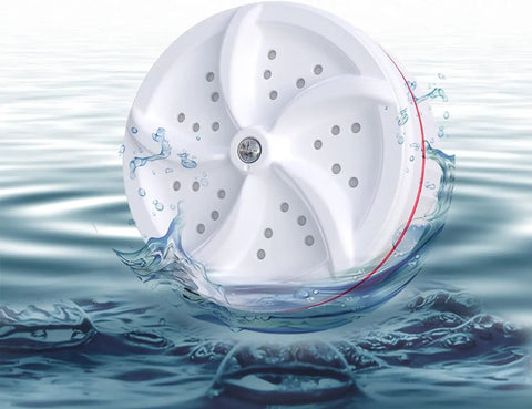 Portable Mini Washing Machine With Real Ultrasonic Power Foldable 3 In 1 Compact Setup For Travel And Small Spaces, white washing drum in water.