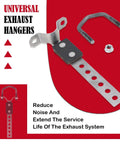 Heavy Duty Universal Exhaust Hangers with rubber cushions and swivel mounts shown with bolts on red background