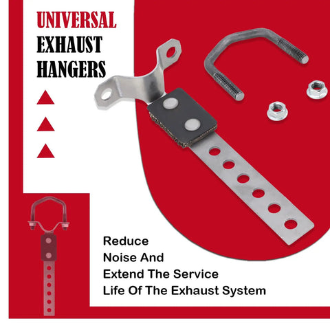 Heavy Duty Universal Exhaust Hangers with rubber cushions and swivel mounts shown with bolts on red background