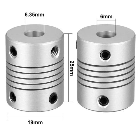 Dope Aluminum Alloy Shaft Coupling Flexible Joint For Motors 6mm To 6.35mm Bore 25x19mm Size L25xD19 Silver Finish Lightweight 17g Set Screw Compatible With Stepper And Servo Motors For CNC Robotics And DIY Projects, 19mm x 25mm
