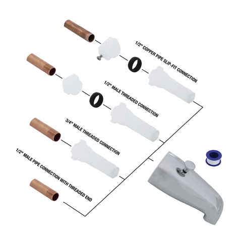 Replacement Tub Spout With Diverter Chrome 5 Inch For 1/2 Inch Or 3/4 Inch IPS Connections, Rear Pull Up Diverter Kit