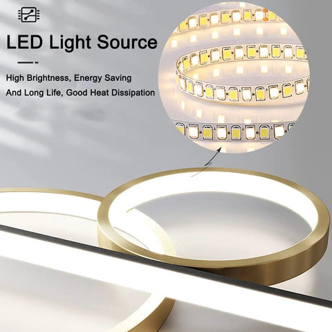 Close-up of LED elements and rings on Black LED Chandelier For Kitchen Island Pendant Lights, Modern Linear Ceiling Fixture.