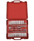 3/8 Inch Drive Ratchet And Socket Set With SAE And Metric Sockets, 56-Piece Mechanics Tool Kit open in red carrying case.
