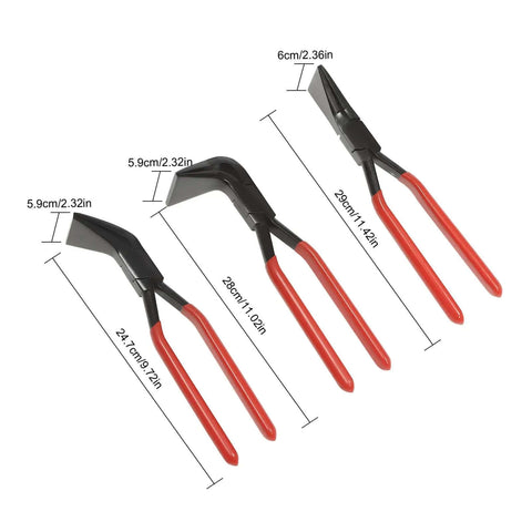 3 Piece Bending Pliers Set for Sheet Metal and Auto Repair showing straight, 45°, and 90° pliers with red handles and dimensions