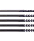 Five solid carbide long end mills, AlTiN-coated, 4-flute, 30 deg helix; 1/8" cutting dia, 1/8" shank, 3/4" LOC, 2-1/4" OAL.