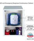 Front view of white steel AED cabinet with alarm; wall-mounted, blue AED unit inside and lower first-aid storage, Windy City Cabinet.