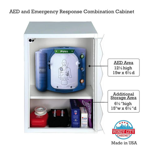Front view of white steel AED cabinet with alarm; wall-mounted, blue AED unit inside and lower first-aid storage, Windy City Cabinet.