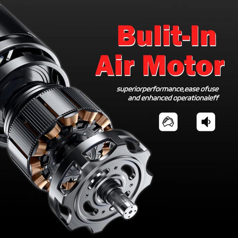 Automotive built-in air motor assembly with copper windings and silver housing on black background.