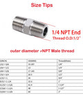 Quarter Inch NPT Male To Quarter Inch NPT Male Hex Nipple Set with size chart, 304 Stainless Steel, for water, gas, air, home brewing.