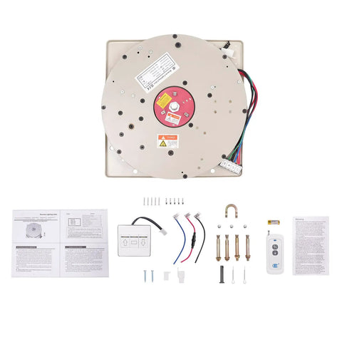 Heavy Duty Electric Chandelier Hoist 330 Lbs Motorized Ceiling Lift remote control and installation parts on a white background.