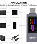 USB C Power Meter Tester 4-30V 0-12A Type-C PD Digital Multimeter Voltage And Current Meter For USB C Cables shown with application use