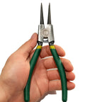 7 Inch Snap Ring Pliers Set 4 Piece Heavy Duty Retaining Ring Pliers Kit For Internal And External Circlips Straight And Bent Jaw Options Precision 7 Inch Pliers With Durable Storage Case shown in hand with green handles.