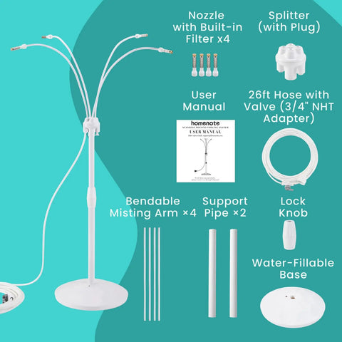 Standing Misting System With Fillable Base, 26.2Ft Water Line, showing components like nozzles and misting arms.