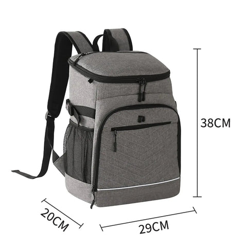 Kickass Heavy Duty Insulated Cooler Backpack With Leakproof Thermal Core And Adjustable Padded Straps For Camping Beach Hiking Keeps Snacks Ice Cold No Sweat, grey, side view, dimensions marked.