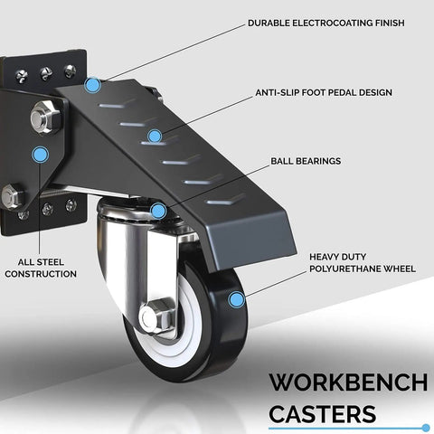 Tough As Nails Workbench Caster Kit Set Of 4 Features retractable swivel wheels with heavy duty polyurethane and steel construction.