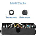 Solid 7 Way Trailer Wiring Harness With Junction Box For Rv Camper Hookups Matte Black Shell showing open and close grommets.