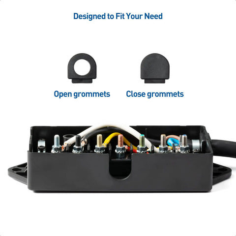 Solid 7 Way Trailer Wiring Harness With Junction Box For Rv Camper Hookups Matte Black Shell showing open and close grommets.